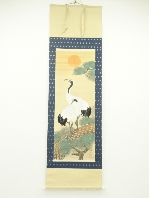 JAPANESE HANGING SCROLL / HAND PAINTED / PAIRED CRANES 